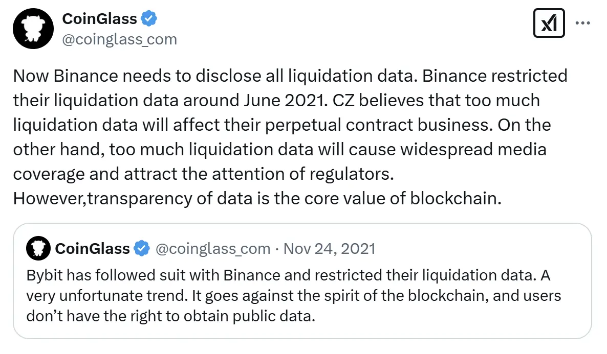 Coinglass 呼吁币安公开披露所有清算数据