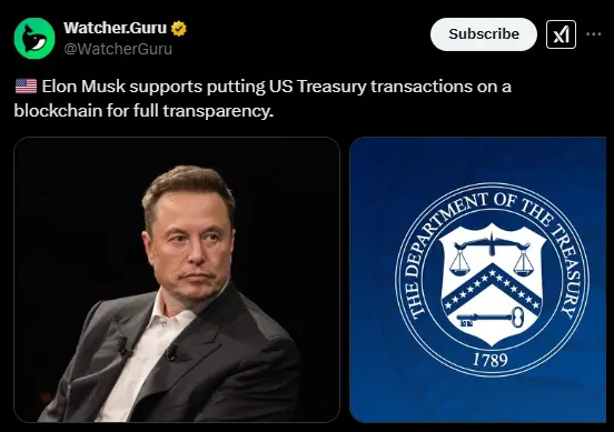 马斯克支持将美国财政部交易放到链上