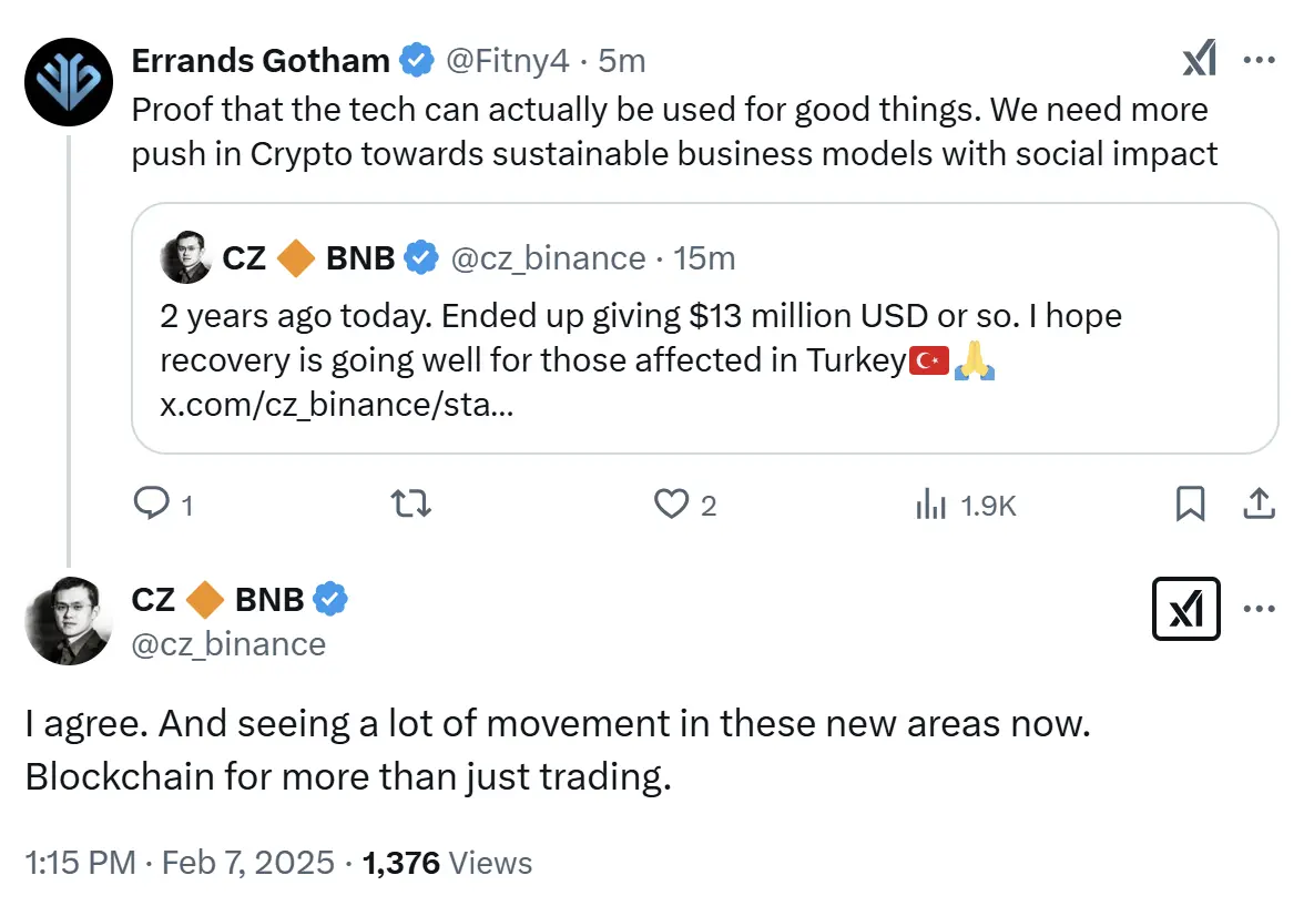 赵长鹏：암호화폐가 사회적 영향력을 가진 지속 가능한 비즈니스 모델로 나아가는 것을 지지하며, 블록체인은 거래에만 국한되지 않는다