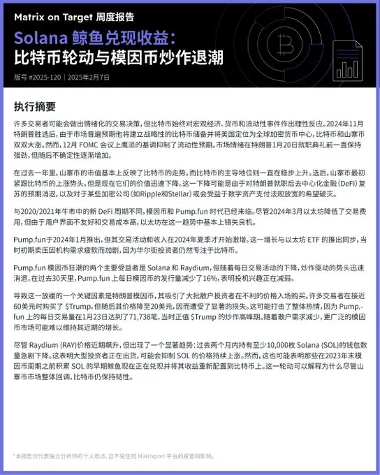 Matrixport：Solana 鲸鱼正将获利资金转向 BTC，Meme 币市场热度降温