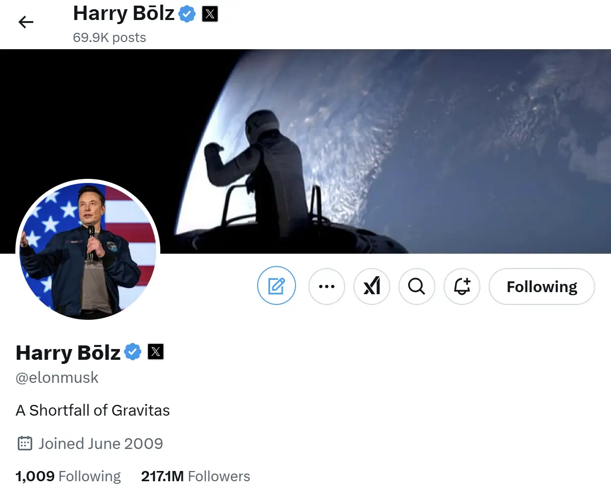 マスクは自分のXアカウントのニックネームをHarry Bōlzに変更しました。