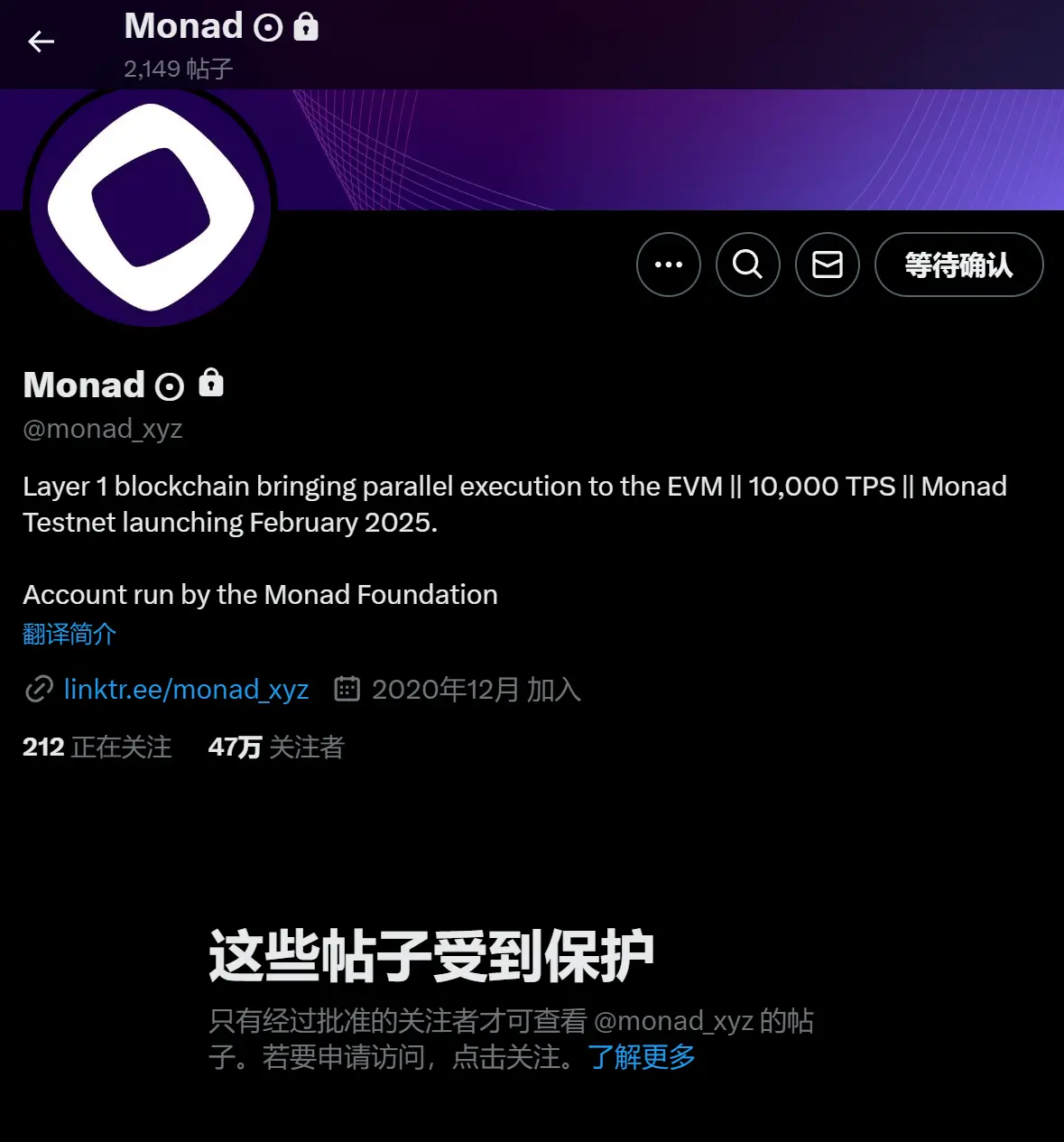 Monad 官方相關 X 帳號均已設為私密帳號，僅獲批准的關注者可見