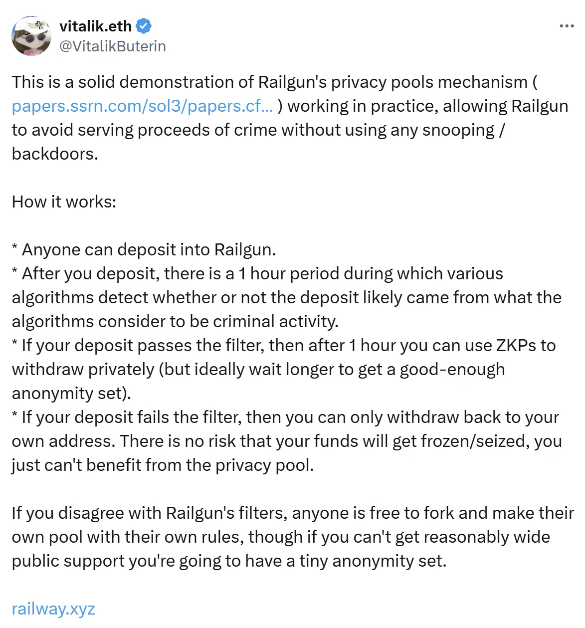 Vitalik：Railgun 隐私池机制可在无需监控或后门情况下过滤非法资金