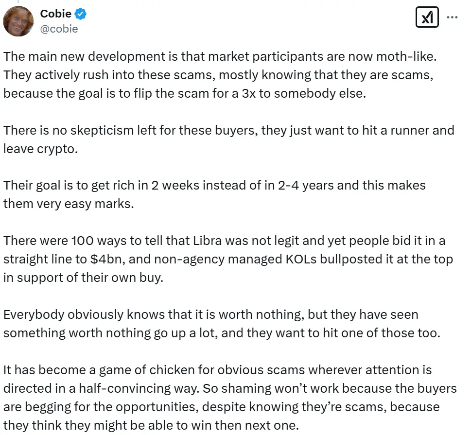 LIBRA farce aftermath: How do Solana founder Toly and influencer Cobie evaluate it?