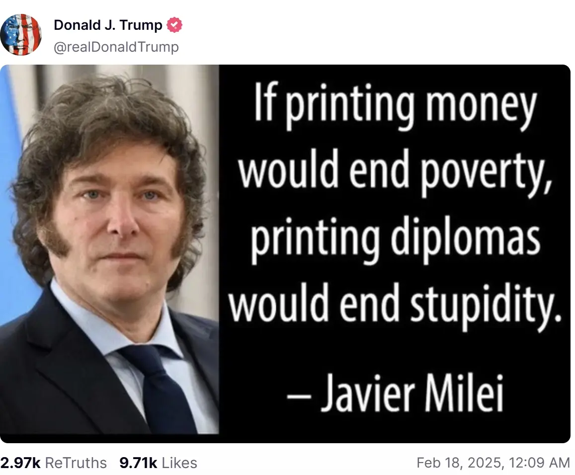 特朗普发布阿根廷总统图片并分享其反对滥发货币的言论