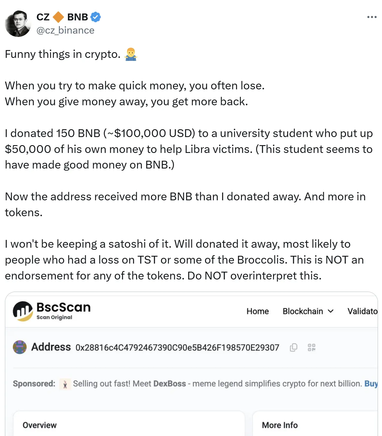 赵长鹏：会将收到的所有代币捐赠，可能捐给在 TST 或 Broccolis 上亏损的人