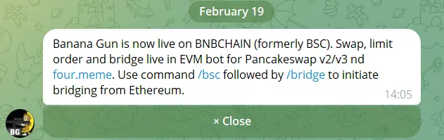 Banana Gun: Trading, order placement and other functions on BNB Chain are now supported