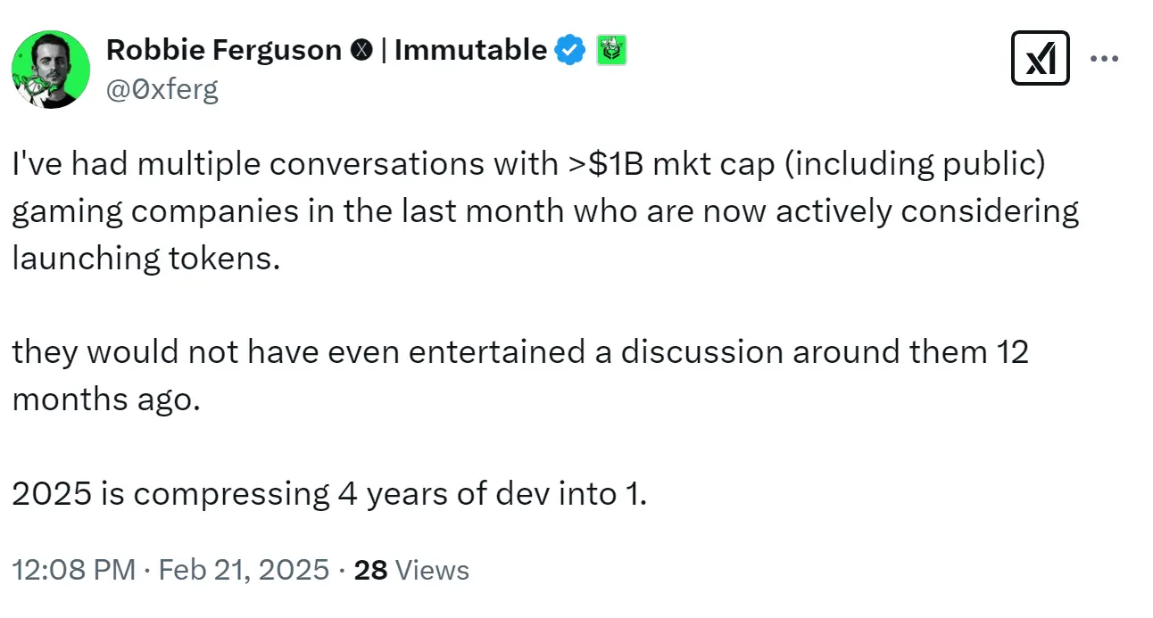 Immutable co-founder: A game company with a market value of over $1 billion is actively considering launching a token in 2025
