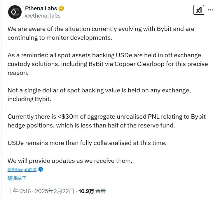 Ethena：Bybit 對沖頭寸相關 PNL 僅不足 3000 萬美元，USDe 現貨資產托管於 CEX 之外
