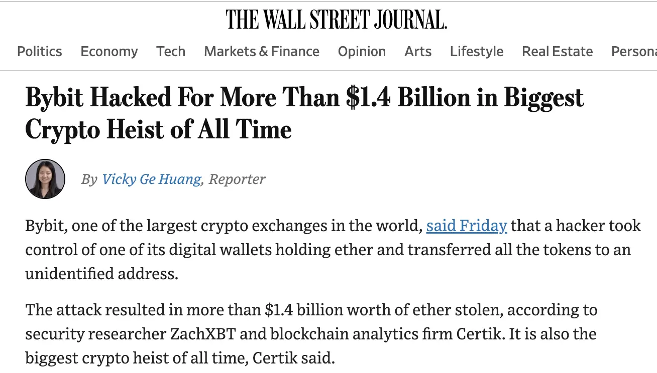 华尔街日报:Bybit 事件为加密史上最大盗窃案