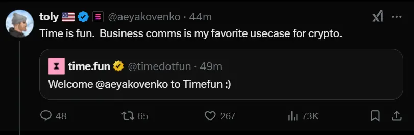 MEME ：Solana 聯創 toly 回覆 time.fun 推文