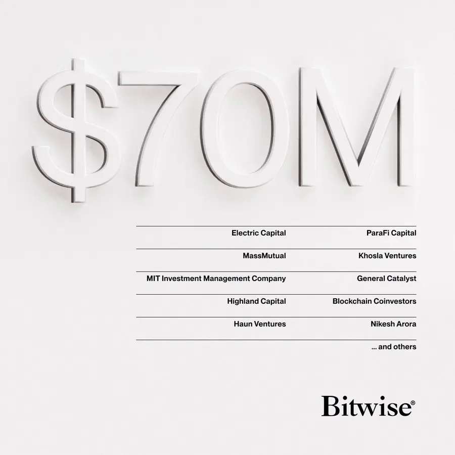 加密資產管理公司 Bitwise 完成 7000 萬美元融資，Electric Capital 等參投
