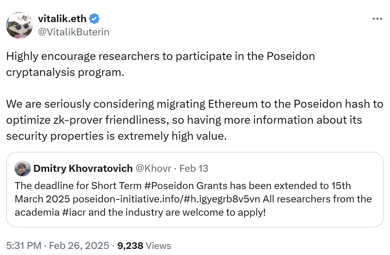 Vitalik: Considering migrating Ethereum to Poseidon hash to optimize zk-prover friendliness