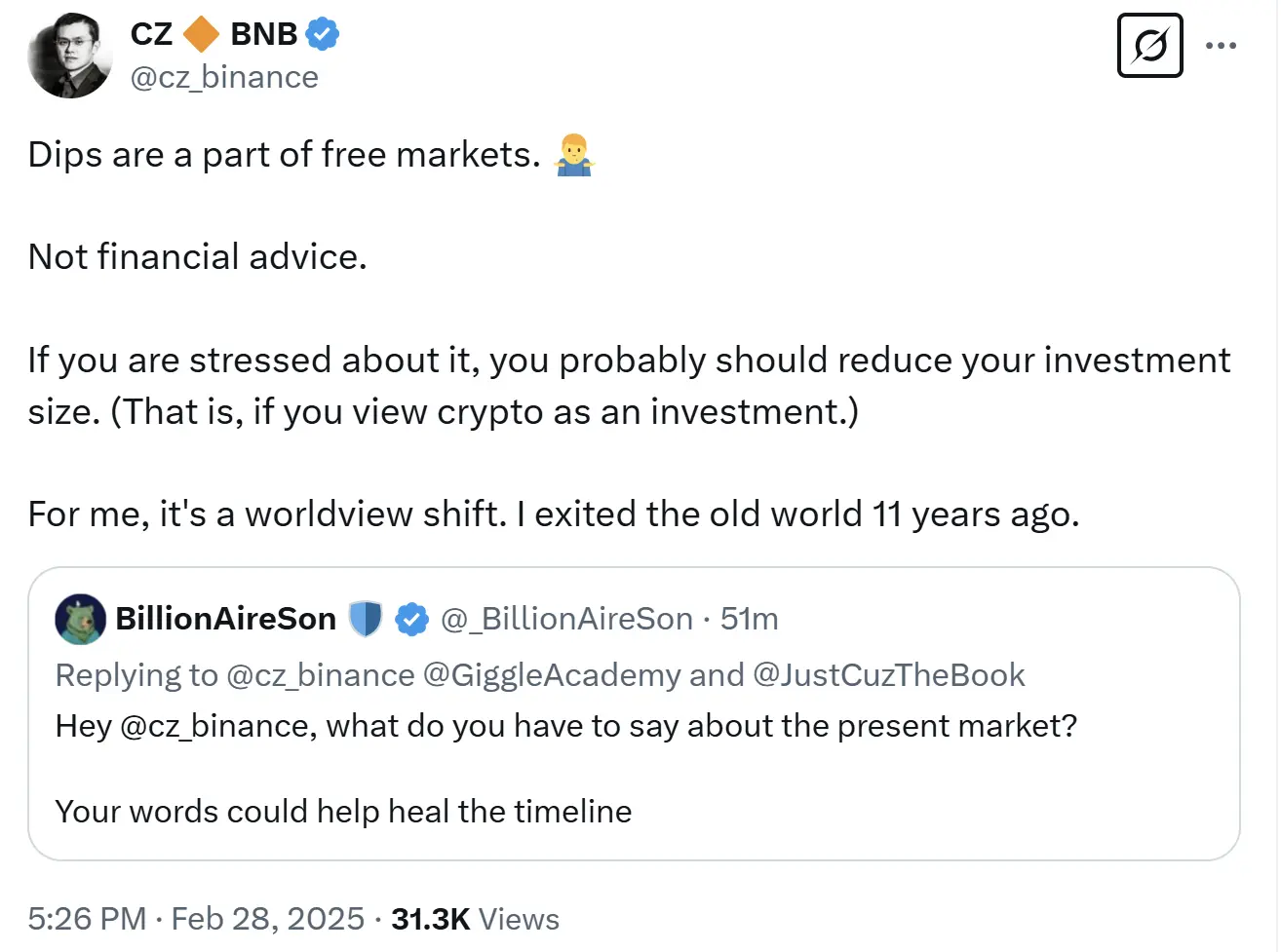 赵长鹏：回调是自由市场的一部分，若感到压力可减少投资规模