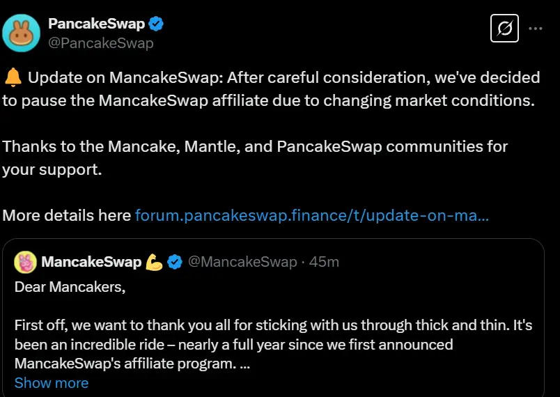 PancakeSwap은 시장 조건 변화로 인해 MancakeSwap 제휴를 일시 중단합니다