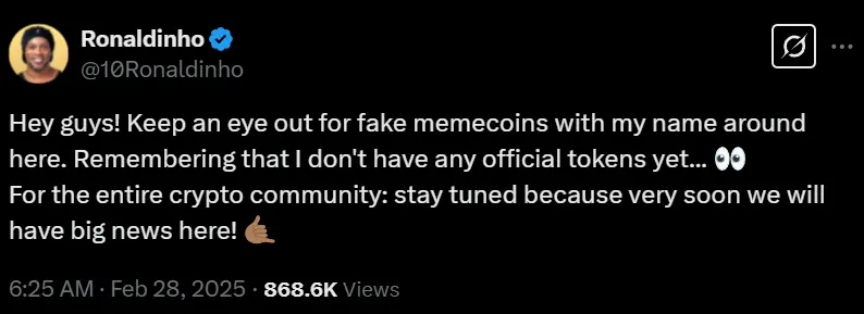 Ronaldinho: Major news related to cryptocurrency coming soon, beware of fake Meme coins bearing my name