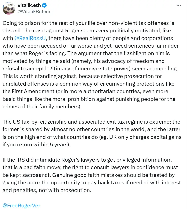 Vitalik：Roger Ver 因稅務犯罪而被判終身監禁很荒謬