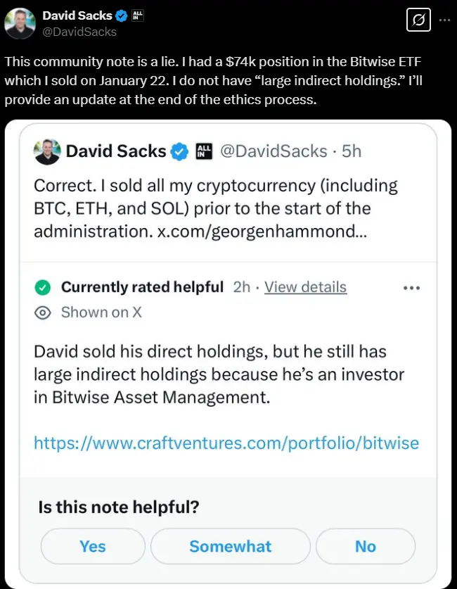 David Sacks:仅在 Bitwise ETF 中持有 7.4 万美元的头寸,并于 1 月 22 日出售