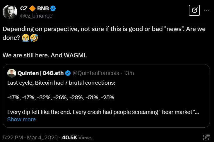 Zhao Changpeng comments on Bitcoin's pullback: the market cycle is still ongoing, WAGMI