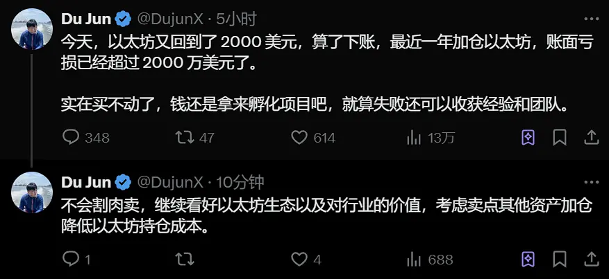 Du Jun:지난 1년 동안 이더리움을 추가 매수하여 2000만 달러 이상의 손실이 발생했지만, 이더리움 생태계에 대한 긍정적인 전망을 유지하고 있다