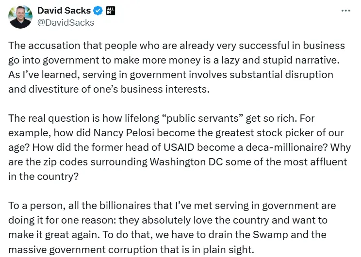 David Sacks: Successful businessmen enter the government not to make money, but to eliminate large-scale government corruption