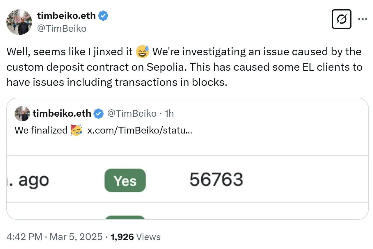 The Ethereum Sepolia testnet Pectra upgrade encountered issues, and developers are investigating