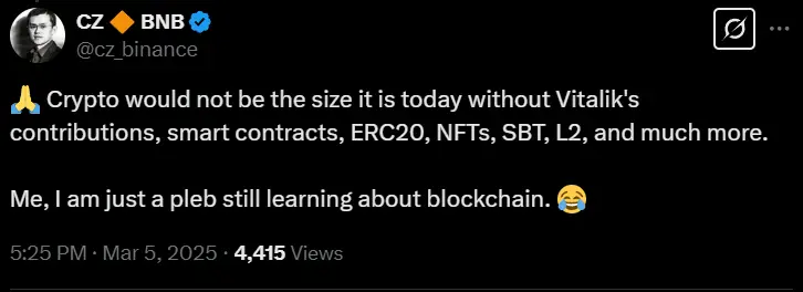 Zhao Changpeng: Vitalik is a cornerstone of the crypto industry, and I am still a learner in blockchain