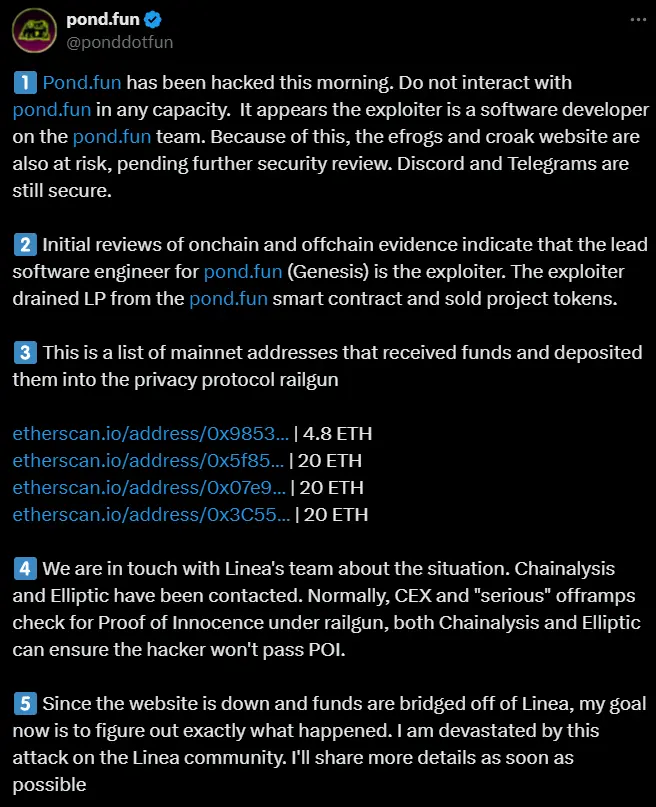 pond.fun was attacked by internal personnel, and 64.8 ETH has been transferred to a privacy protocol
