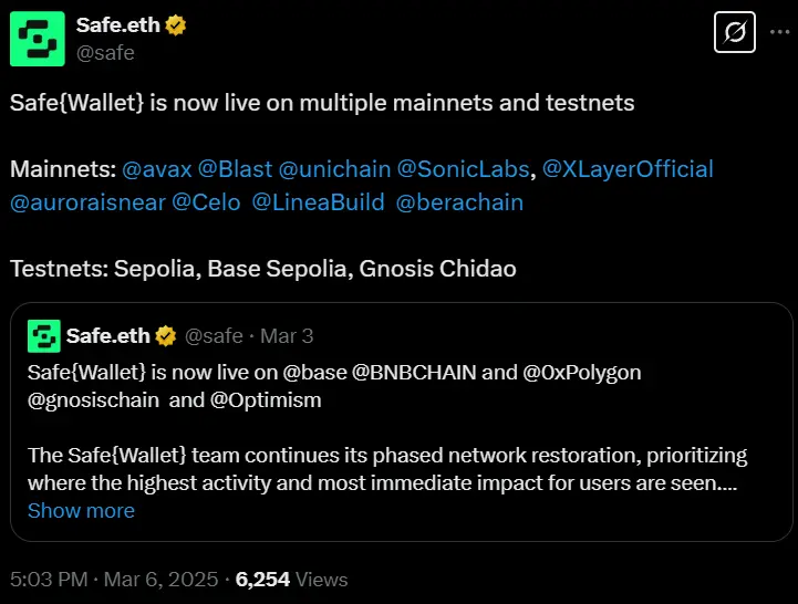 Safe Wallet has now restored support for networks such as Avalanche, Blast, and Unichain