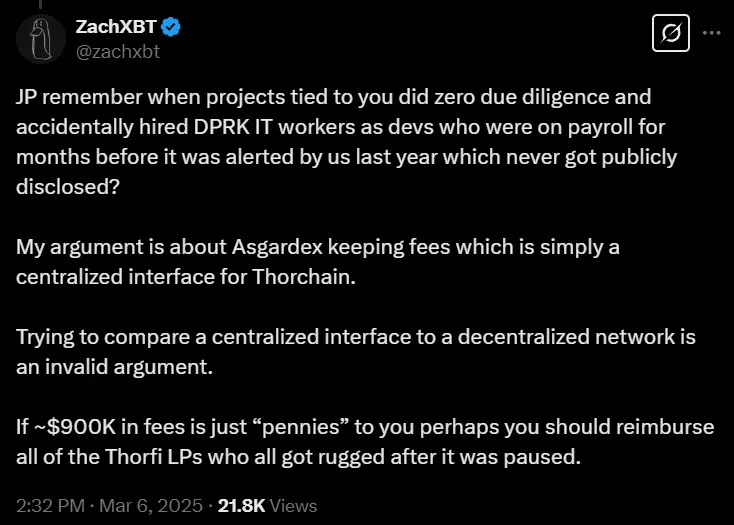 ZachXBT and JP had a dispute over the Asgardex fee issue, revealing that JP's related project had mistakenly hired North Korean IT workers as developers