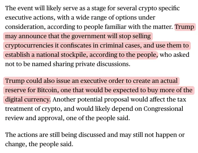 関係者によると、トランプは明日ビットコインの準備金を創設する大統領令に署名することを検討している。