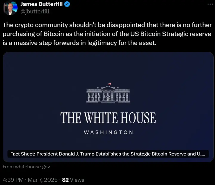 CoinShares Research Director: Although the U.S. has not increased its Bitcoin strategic reserves, it is an important step towards legalization