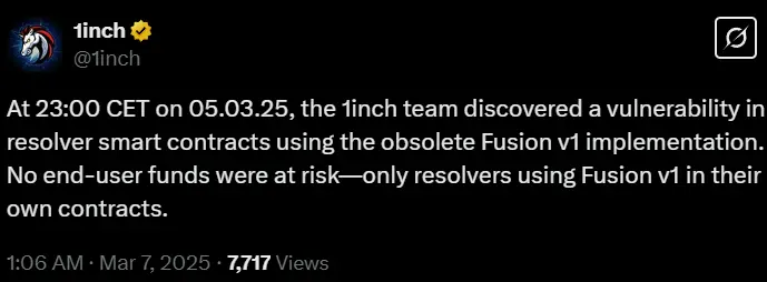 1inch:Fusion v1 パーサーの脆弱性を発見、ユーザー資金に影響はないが関連者に即時の更新を推奨