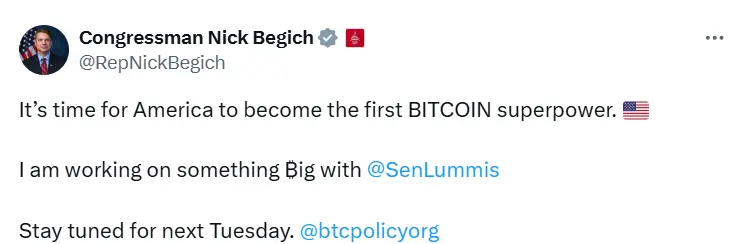 美众议员 Nick Begich：正与 Cynthia Lummis 合作一项“重大”比特币相关计划，将于下周二公布详情