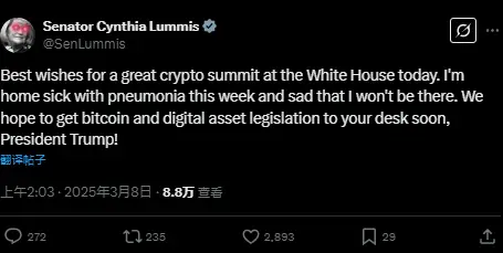 比特币法案制定者 Cynthia Lummis 因病缺席白宫加密峰会