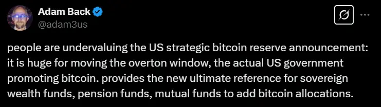 Blockstream 공동 창립자: 미국 비트코인 전략적 비축의 의미는 크며, 기관 자금의 진입에 권위 있는 참고자료를 제공합니다