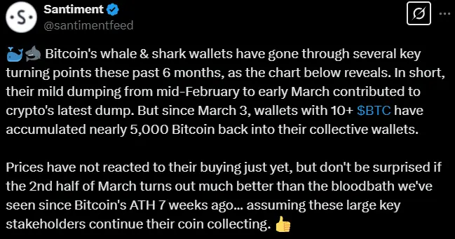 Santiment：ビットコインの大口保有者が過去1週間で約5000枚のビットコインを再び蓄積し、下半月の市場のパフォーマンスが改善する可能性があります。