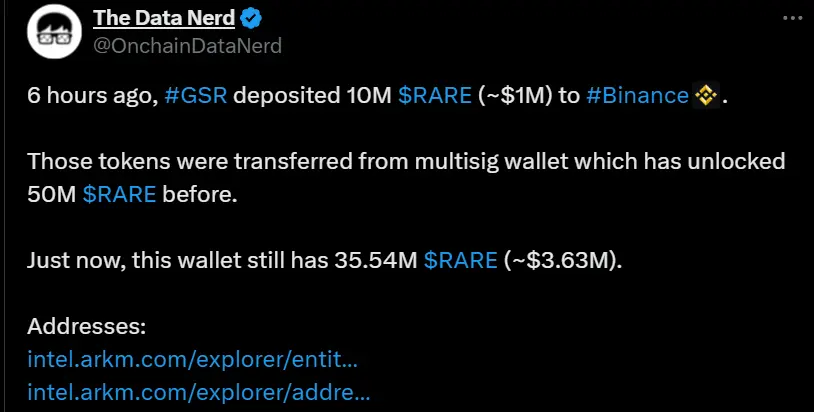 数据:GSR 6 小时前向 Binance 存入 1000 万枚 RARE