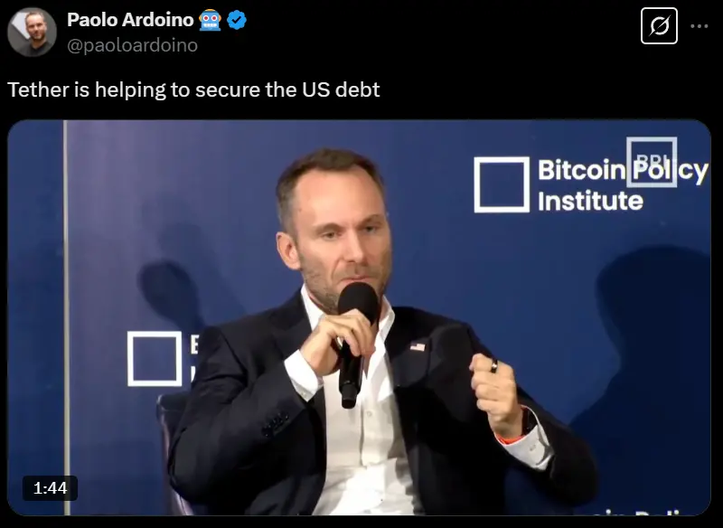 テザーCEO:テザーはアメリカの債務の安全を確保する手助けをしています。