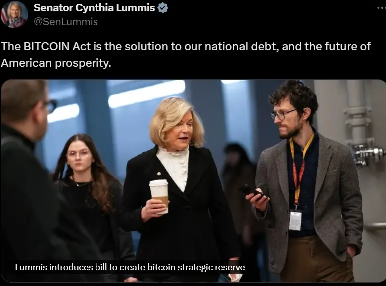 美参议员 Cynthia Lummis：比特币法案可助美国解决国家债务