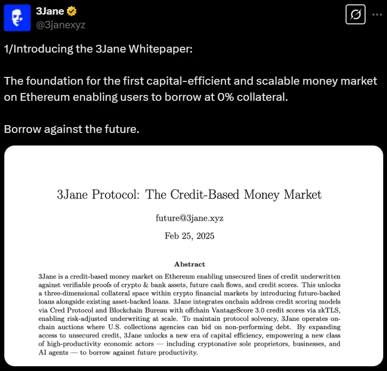 Lending Agreement 3Jane Releases White Paper Allowing Unsecured Loans