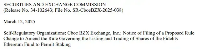 The SEC has confirmed receipt of Fidelity's Ethereum ETF staking proposal application