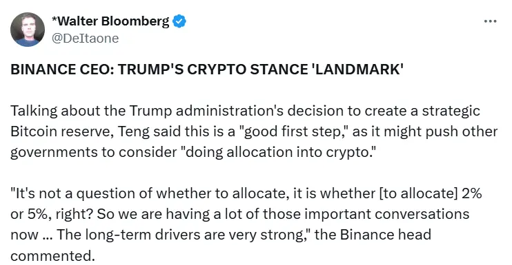 Binance CEO: Trump's pro-cryptocurrency stance is a milestone