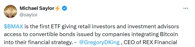 Strategy 創始人發文介紹新 ETF BMAX，散戶可投資將比特幣納入財務戰略的公司發行的可轉換債券