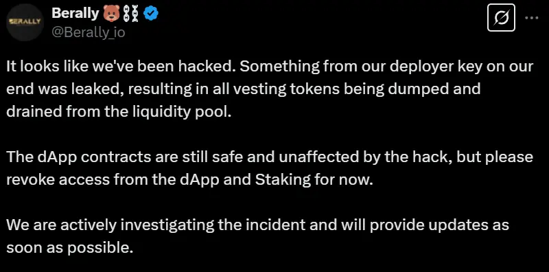 Berachain 生態項目 Berally 疑似遭攻擊，官方提醒暫時撤銷對 dApp 和 Staking 的訪問權限