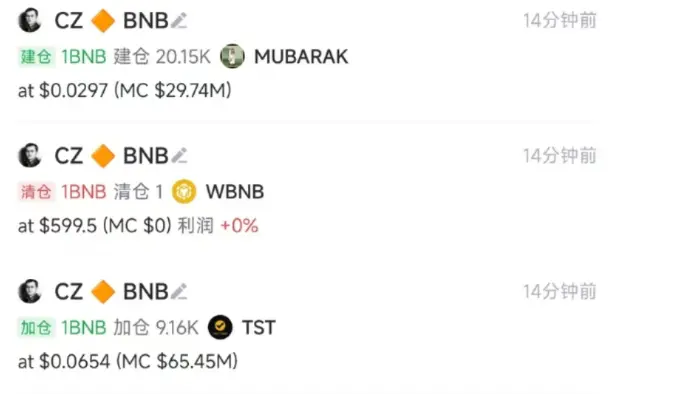 マークされた赵长鹏のウォレットアドレスがそれぞれ1 BNBのTSTおよびMubarakトークンを購入しました。