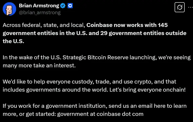 CoinbaseのCEO:会社は現在、アメリカの145の政府機関とアメリカ国外の29の政府機関と協力しています。