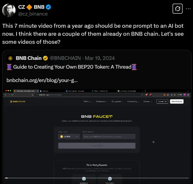 Zhao Changpeng shared a video tutorial on issuing tokens on the BNB Chain