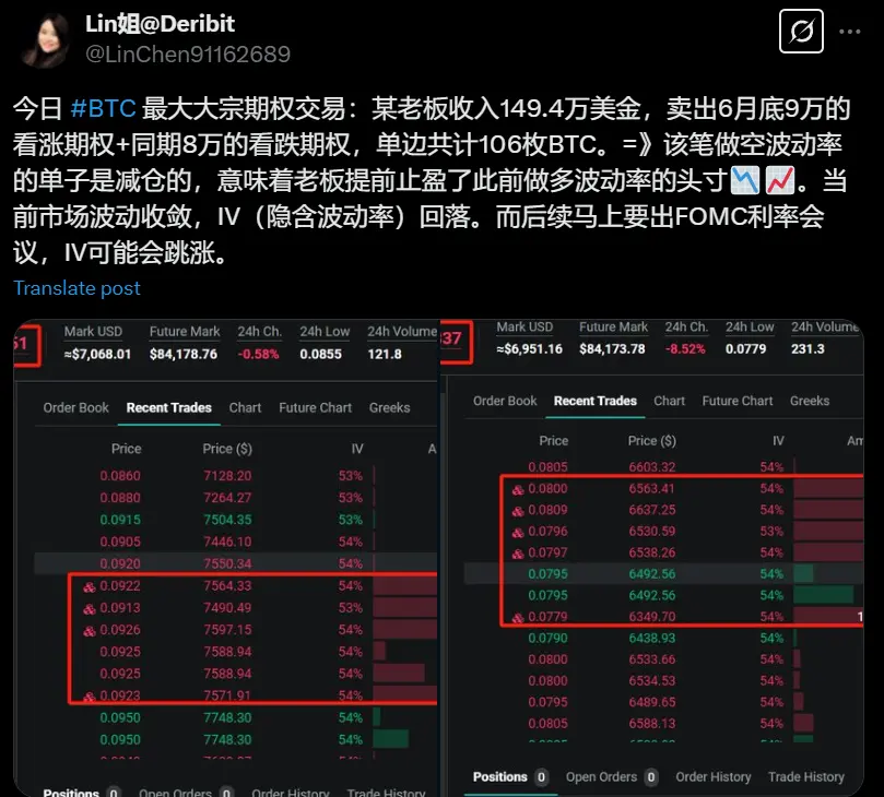Today, Deribit BTC large options: a user sold a $90,000 call option and an $80,000 put option expiring at the end of June