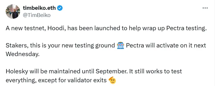 以太坊核心开发者 Tim Beiko：以太坊 Hoodi 测试网已启动，以帮助完成 Pectra 测试